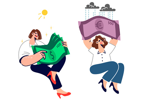 Two women with dollars and euros in hands exchange cash into currencies and get different results. Businesswoman with USD rejoices and feels comfortable, while girl with EUR suffers due to crisis