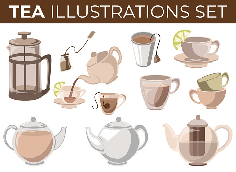 tea and equipment illustrations set