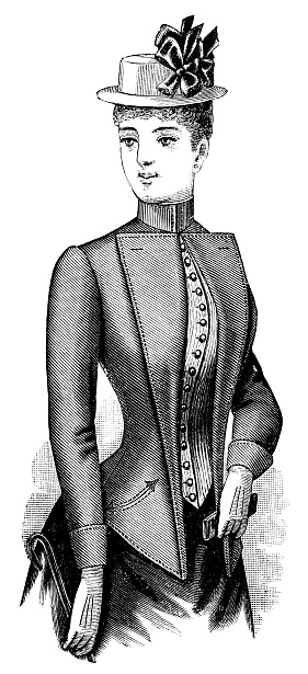 A 1890s Victorian style fashion, ladies redingote jacket with tapering lapels. Vintage photo etching circa 19th century.