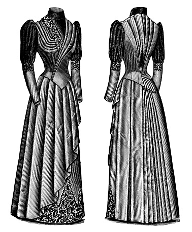 A 1890s Victorian style fashion, ladies tea dress with leg-o-mutton sleeves, front and back views. Vintage photo etching circa 19th century.