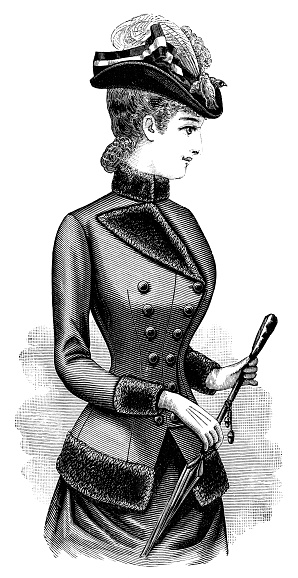 A 1890s Victorian style fashion, ladies paletot overcoat with asymmetrical lapel and tricorne hat. Vintage photo etching circa 19th century.