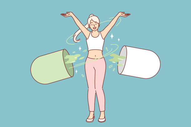 illustrazioni stock, clip art, cartoni animati e icone di tendenza di donna con capsula gigante di vitamine per disintossicare il corpo e rafforzare il sistema immunitario - weight women medicine lost