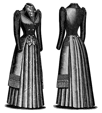 A 1890s Victorian style fashion, ladies promenade dress with brocade waistcoat and frock overcoat, front and back views. Vintage photo etching circa 19th century.