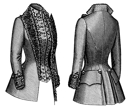 A 1890s Victorian style fashion, ladies paletot overcoat with soutache passementerie lapels and cuffs, front and back views. Vintage photo etching circa 19th century.
