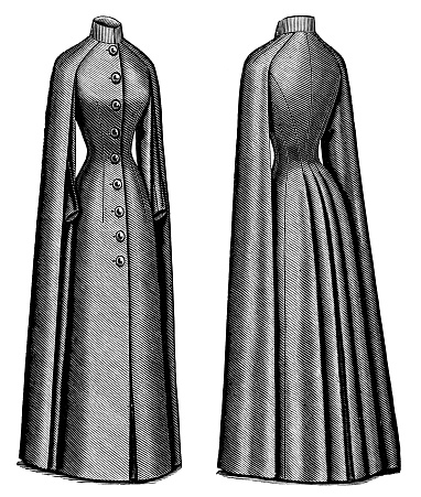 A 1890s Victorian style fashion, ladies frock overcoat with long cape slit sleeves, front and back views. Vintage photo etching circa 19th century.