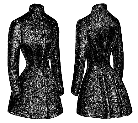 A 1890s Victorian style fashion, ladies paletot overcoat, front and back views. Vintage photo etching circa 19th century.