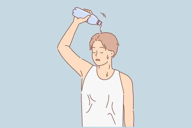 Vector illustration of Man suffering from sunstroke pours water from bottle on head to cool down after long run