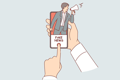Spreading fake news and propaganda in mobile applications and instant messengers, inside phone in hands of person. Problem of misinformation or fake news negatively affecting emotional health of users