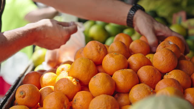 Cropped Hands of Man Buying Fresh Oranges and Sweet Limes on Market Stall during Sunny Day