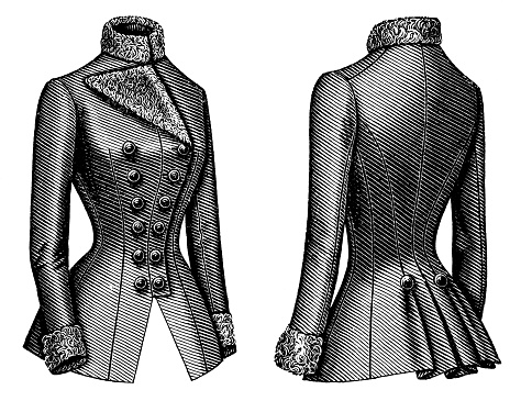 A 1890s Victorian style fashion, ladies redingote jacket with soutache passementerie trim, front and back views. Vintage photo etching circa 19th century.