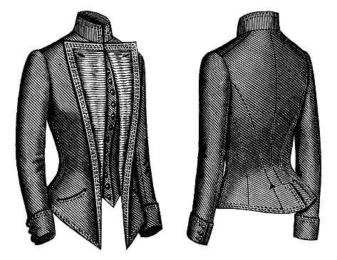 A 1890s Victorian style fashion, ladies redingote jacket with tapering lapels, front and back views. Vintage photo etching circa 19th century.