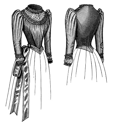 A 1890s Victorian style fashion, ladies ruched basque bodice with leg-o-mutton sleeves and ribbon trim, front and back views. Vintage photo etching circa 19th century.