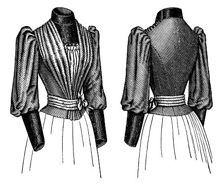 A 1890s Victorian style fashion, ladies ruched bodice with bishop sleeves, front and back views. Vintage photo etching circa 19th century.