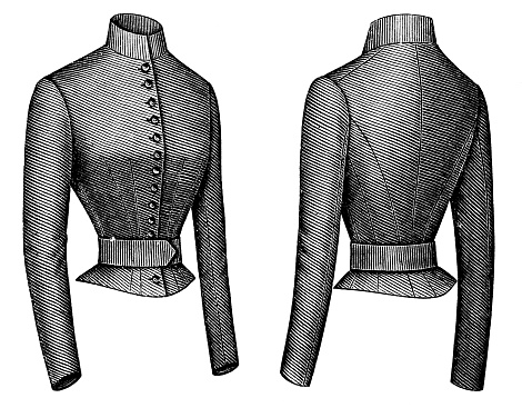 A 1890s Victorian style fashion, ladies basque button up coat bodice with belt, front and back views. Vintage photo etching circa 19th century.