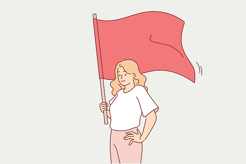 Communist woman holds red flag, advocating collectivism and class equality or strengthening trade unions. Casual communist girl smiles, calling not to remain silent and fight for rights