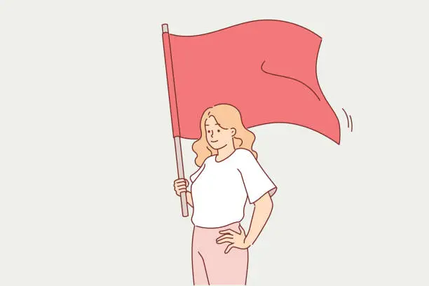 Vector illustration of Communist woman holds red flag, advocating class equality or strengthening trade unions