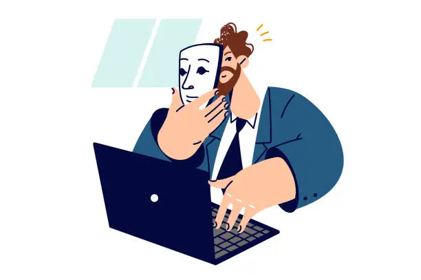 Vector illustration of Man puts on mask, using internet and introduces himself as another person, sitting with laptop