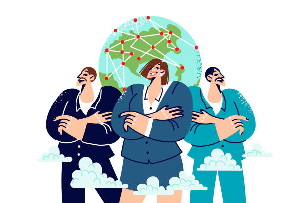 Team of business consulting specialists stands with arms crossed near globe with presence maps Team of business consulting specialists stands with arms crossed near globe symbolizing presence of branches in different countries. Three consulting agents are proud of career success supplier relationship management stock illustrations