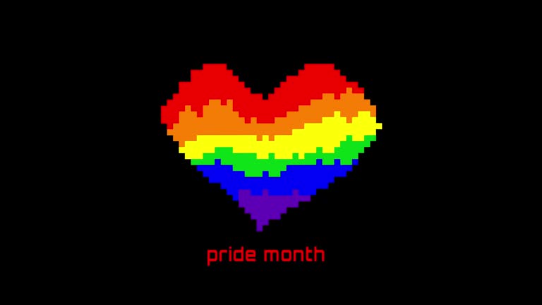 Retro pixel heart shape in old game style with Pride Month text, pixelated