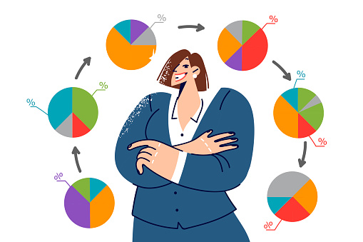Woman statistician stands among business charts with changing data showing positive changes. Girl business analyst crosses arms in front of chest, rejoicing at result obtained during market research.