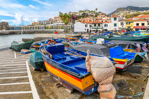 Colorful small fishing boats of blue, yellow and red line the small marina harbor at the small fishing village of Câmara de Lobos, Madeira Portugal. Câmara de Lobos is a municipality, parish and town in the south-central coast of the island of Madeira.