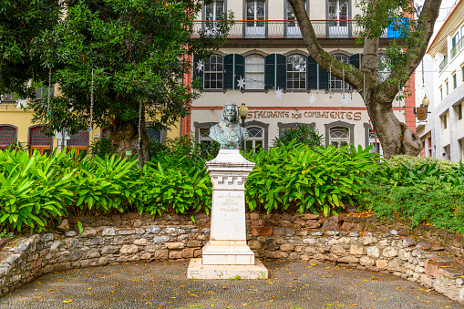 The Bust of Joao Fernandes Vieira in Funchal Municipal Garden in the historic old town district of Funchal, Portugal, on the Canary Island of Madeira in the Atlantic Ocean off the coast of Africa.