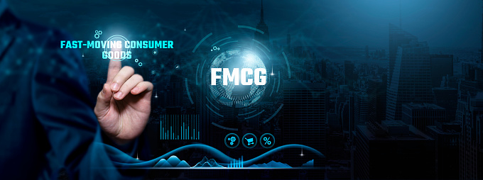 Fast-Moving Consumer Goods (FMCG), Market Dynamics, Consumer Trends, Businessman touch FMCG-related text on the global network cyberspace, technology, and innovation concept