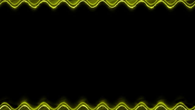 Neon appearing and disappearing glowing wavy electric golden perpendicular horizontal long lines frame on black background. Space for your own content.