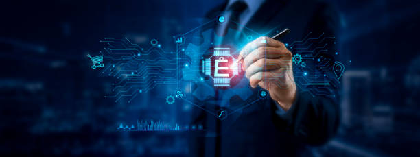 E-commerce concept. Businessman pointing at E-commerce icon and data for global online network on a graphic interface. Digital, retail, and payment transactions in a seamless, global market. concepto de comercio electrónico. hombre de negocios señalando el icono del comercio electrónico y los datos de la red global en línea en una interfaz gráfica. transacciones digitales, minoristas y de pago en un mercado global sin fisuras.