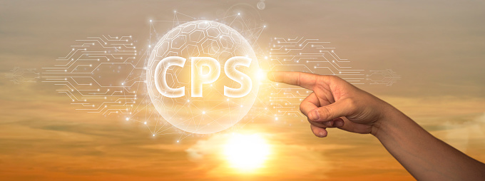 Cyber-Physical Systems (CPS): Man Touching Global Network and Data Connection on Space Background. Innovation, Connectivity, Integration.
