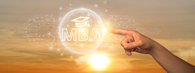 MBA: Man Touching Global Network and Data Connection on Space Background. Business Acumen, Management Excellence, Strategic Leadership.