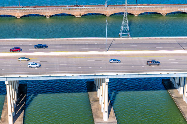 The Galveston Causeway linking Galveston Island with the Houston metropolitan area shot via helicopter from an altitude of about 600 feet on a sunny afternoon