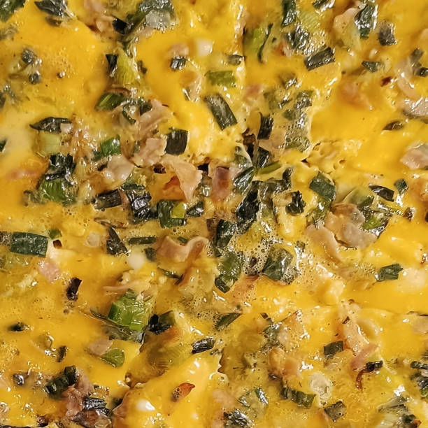 Spring Scrambled Eggs With Chopped Up Scallion Sprouts And Minced Ham Detail