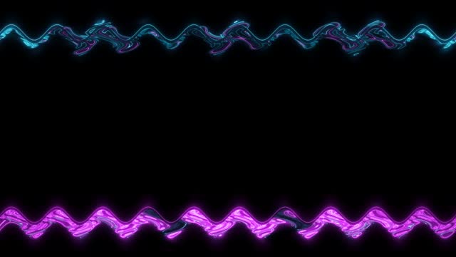 Frame, long wavy rectangular horizontal decorated, purple, pink lines of lightening and darkening light on a black background. Space for your own content.