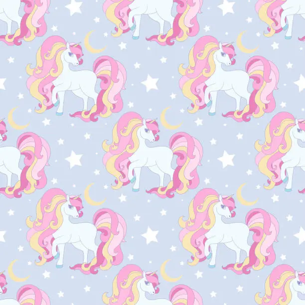 Vector illustration of Seamless pattern with unicorns with pink mane. Vector