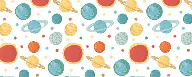 Vector illustration of Galactic space seamless pattern with planets and stars.