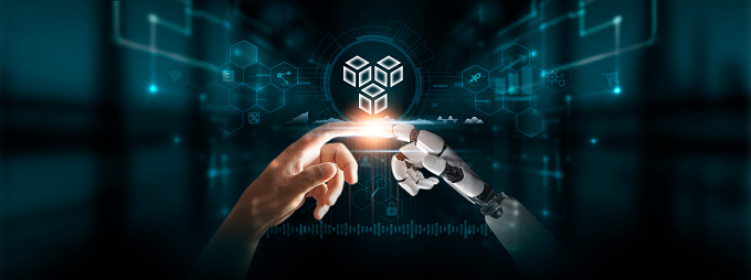Blockchain Technology: Hands of Robot and Human Touch Blockchain of Global Networking, Decentralization, Transparency, Revolutionizing Digital Technologies of the Future.