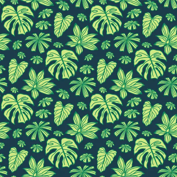 Vector illustration of Tropical Leaves Seamless Vector Pattern, Exotic Jungle Background, Modern Line Art Wallpaper and Textile Design