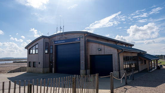 Wells, Norfolk, UK  March 25 2024. The exterior of the RNLI lifeboat station in Wells on the North Norfolk coast