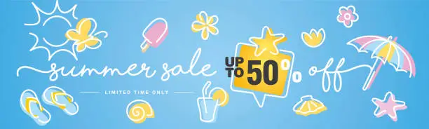 Vector illustration of Summer Sale up to 50% percent off speech bubble handwritten typography lettering line design colorful ice cream parasol shells starfish thongs cocktail flowers butterflies and sun blue greeting card