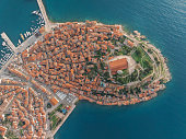 Aerial view of old town and sea