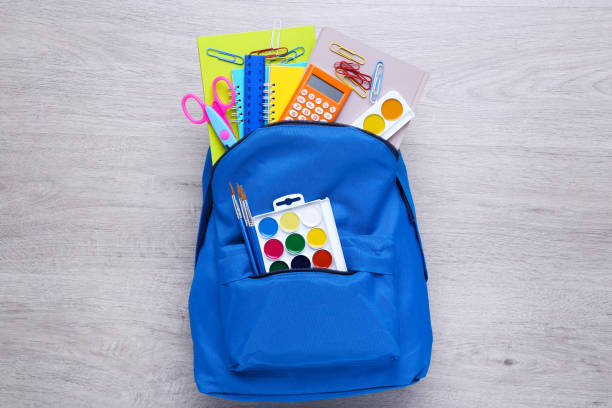 istock Backpack with school supplies on wooden table 2123258993