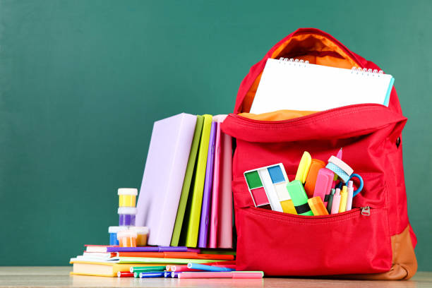 istock Backpack with school supplies on chalkboard background 2123260204