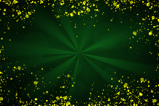 Abstract green light beams background with bokeh and glowing particles.