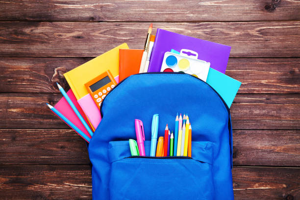 istock Backpack with school supplies on brown wooden table 2123276778