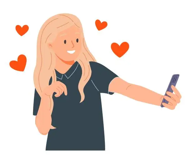 Vector illustration of Woman laughs taking selfie to post photo on social network or dating site. Positive girl blogger doing gesture.