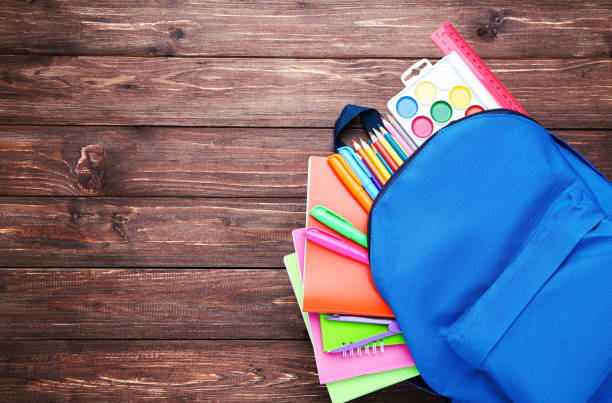 istock Backpack with school supplies on brown wooden table 2123293765