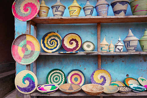Various traditional rwandan baskets, plates and jars on the market
