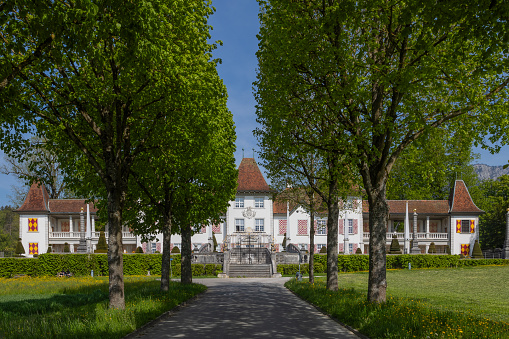 Feldbrunnen, Switzerland - May 04. 2023: The Waldegg Castle Museum with a French garden in Barock style in front