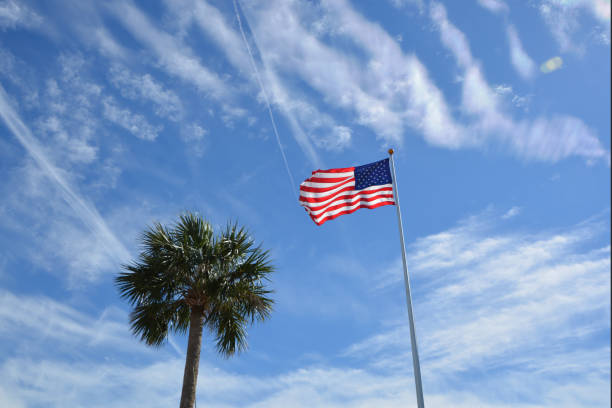 USA National flag flying on a blue sky